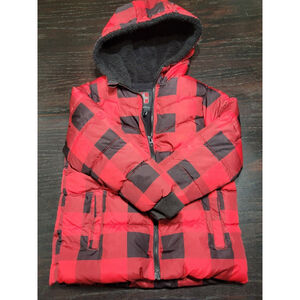Swiss Tech Toddler Boy Puffer Jacket Hooded Size 5T Brilliant Red Black Plaid
